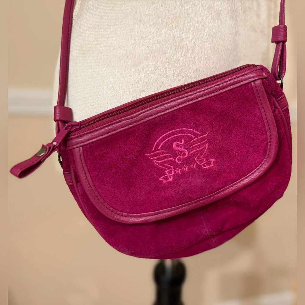 Vintage Shane Magenta Suede Crossbody Purse | Mini Saddle Bag